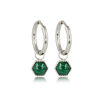 My Bendel - Oorbellen Zilverkleurig Zeshoek met Malachite Edelsteen - Zilverkleurige Zeshoek Oorbellen met Malachite - met Luxe Cadeauverpakking | Sieraden Voor Dames