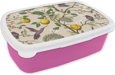 Broodtrommel Roze - Lunchbox - Brooddoos - Patroon - Vogel - Planten - Fruit - 18x12x6 cm - Kinderen - Meisje