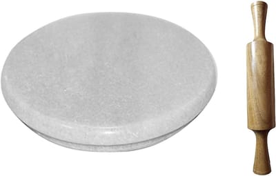 Marmeren Chakla - Deegroller set - Brood platdrukken - Zware marmeren basis - 35 x 32 cm - Wit