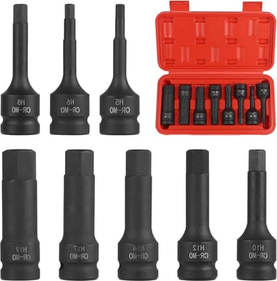 Allecto Plus - Zeskantige dopsleutel 1/2 inch set van 8 - H5 H6 H8 H10 H12 H14 H17 H19 - Cr-Mo doppen in doos voor binnenzeskantschroeven