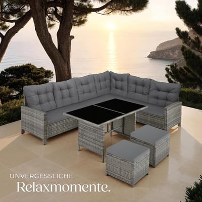 Tuin Loungeset 5-delig L-vorm 233x157x75 cm – Polyrotan Balkonmeubelset met Bank, Kruk & Glazen Tafel, Inclusief Zit- en Rugkussens, Waterafstotend & UV-bestendig – Grijs Gemêleerd – Nicolehome