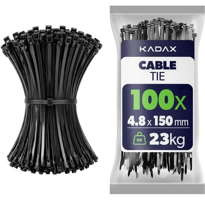 KADAX Kabelbinders 150mm x 4.8mm Zwart – set van 100 stuks, nylon kabelbinders met 22kg trekkracht voor veilig kabelbeheer in huis, tuin, werkplaats en kantoor