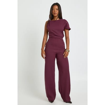 boohoo Dames Asymmetrische Geplooi Wide Leg Jumpsuit | Pruim | Maat: 36