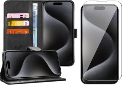 Hoesje geschikt voor iPhone 15 Pro - Screen Protector GlassGuard - Book Case Kunstleer Pasjeshouder Zwart & Screenprotector