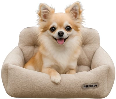 Dutchers® Hondenautostoel Teddy – Veilige Huisdierdrager met Riem - Automand - Hond Autogordel – Teddystof Reiskennel voor Kleine Honden & Katten - Autozitje Hond – 35x44cm – Beige