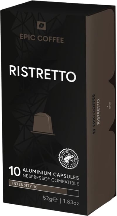 100 Capsules Epic Coffee - Ristretto(kracht 10) - Nespresso® compatible aluminium koffie cups - RFA Keurmerk - Doos 100 stuks