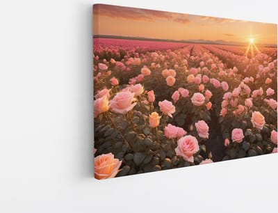 Saammp Canvas Schilderij - Landschap -Bloemen - Roze - Zonsondergang - Natuur - 45x30 - Foto op canvas - Wanddecoratie - Muurdecoratie Woonkamer - Slaapkamer decoratie - Canvas Print