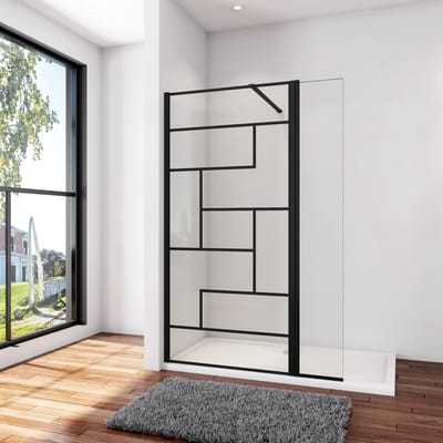 Inloopdouche 90x200cm met zwart deco,30x200cm draaibaar hoekprofiel + 90cm Stabilisatiestang,8mm NANO EasyClean veiligheidsglas