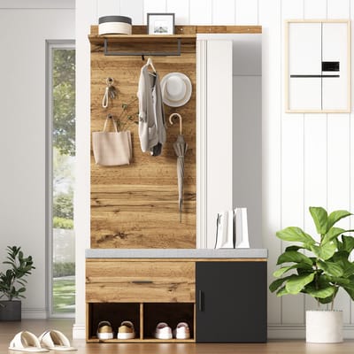 Halmeubelset - 104x39x190 cm - Met Spiegel Schoenenkast Lade En Haken - MDF - Houtlook