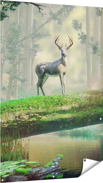 Gards Tuinposter Hert in het Bos op een Boom - 100x150 cm - Tuindoek - Tuindecoratie - Wanddecoratie buiten - Tuinschilderij