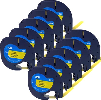 DULA - Dymo LetraTag 91202 - S0721620 - Label Tape - Zwart op Geel plastic - 12mm x 4m - 10 Stuks