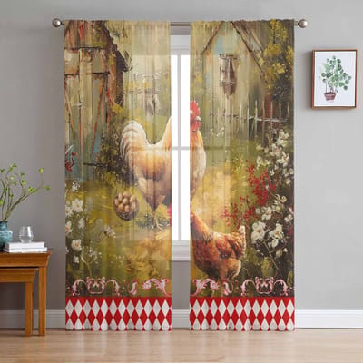 Retro Landelijke Boerderij Kippen Tule Raamgordijnen voor Slaapkamer Luxe Huisdecoratie Gordijnen in Woonkamer Chiffon Panelen 135W x 114H(cm) beige