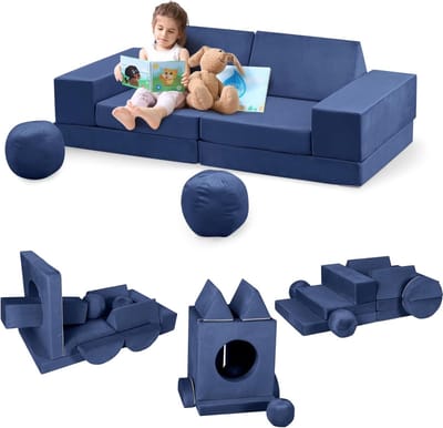 Kinderbank, 12-delig, speelbank van schuimrubber, bouwstenen met comfortabele suède, modulaire speelbank voor kinderen om te spelen,140x45x70CM (Blauw)