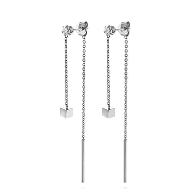 Twice As Nice Oorbellen in edelstaal, 1 kristal met ketting en blokje, ketting met staafje