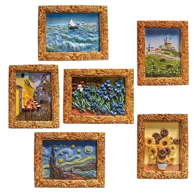 Goudkleurige kunst koelkast magneten set van 6 stuks – decoratieve whiteboard magneten met schilderijlijst design geïnspireerd op van Gogh klassieke kunst voor koelkast en kantoor
