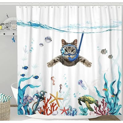 Grappig Douchegordijn Dappere Kat met Drietand Pijl Rijdt op Haai in Oceaan Golf Walvis Kat Douchegordijnset Badkamer Decoratieset W120 x H180 cm white