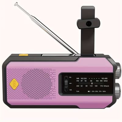 Roze Noodradio met Zonnepaneel & Handzwengel – Zaklamp, Leeslamp, SOS-alarm & Powerbank