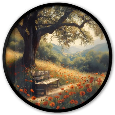 Poster in lijst Rond - Fotolijst 40x40 cm - Posters - Bankje - Boom - Klaprozen - Heuvels - Ronde posterlijst zwart - Decoratie - Wanddecoratie woonkamer - Muurdecoratie slaapkamer