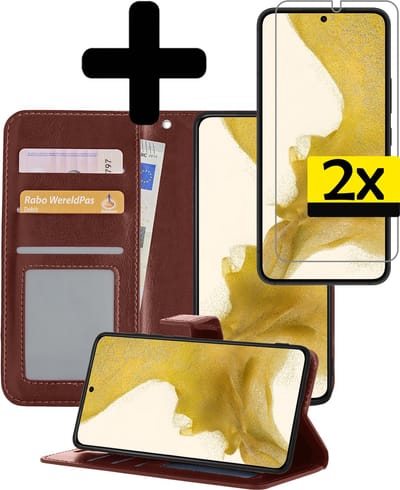 Hoesje - Met 2x Screenprotector - Geschikt voor Samsung Galaxy S22 - Luxe Pasjeshouder - Bookcase Portemonee - Flip Case - Kunstleer Book Case - Flipcase Hoes - Book Cover - Walletcase - Portemonneehoes - Telefoonhoesjes - Bruin