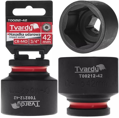Tvardy slagdop 6-kant kort 42 mm – chroom-molybdeenstaal – opname 19 mm vierkant – zwart – voor slagsleutels in werkplaats, industrie en bouw