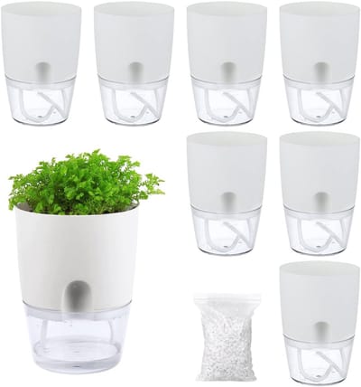 Omgoods - Zelfwaterende Plantenpotten - 8 Stuks 8 Inch Witte Potten met Decoratieve Steentjes