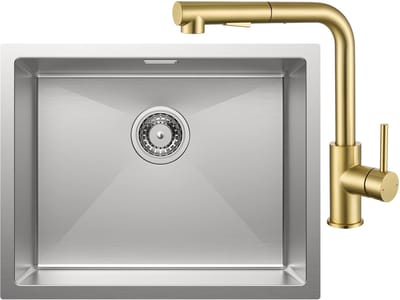 Auralum Max Spoelbak voor keuken 55x44cm - Spoelbak Keuken Met Goud Keukenkraan met Uittrekbare Uitloop - Spoelbakken met sifon en overloopset - Enkele spoelbakken RVS