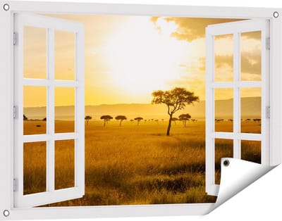Gards Tuinposter Doorkijk Zonsondergang in de Savanne - 90x60 cm - Tuindoek - Tuindecoratie - Wanddecoratie buiten - Tuinschilderij
