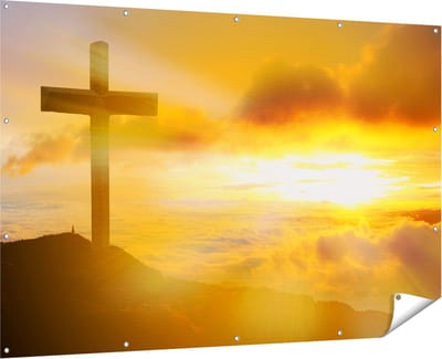 Gards Tuinposter Kruis van Jezus Christus bij Zonsondergang - 180x120 cm - Tuindoek - Tuindecoratie - Wanddecoratie buiten - Tuinschilderij
