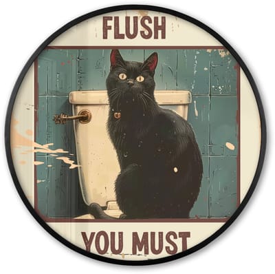 Poster in lijst Rond - Fotolijst 60x60 cm - Posters - Kat - Vintage - Zwart - Quote - Flush you must - Ronde posterlijst zwart - Decoratie - Wanddecoratie woonkamer - Muurdecoratie slaapkamer