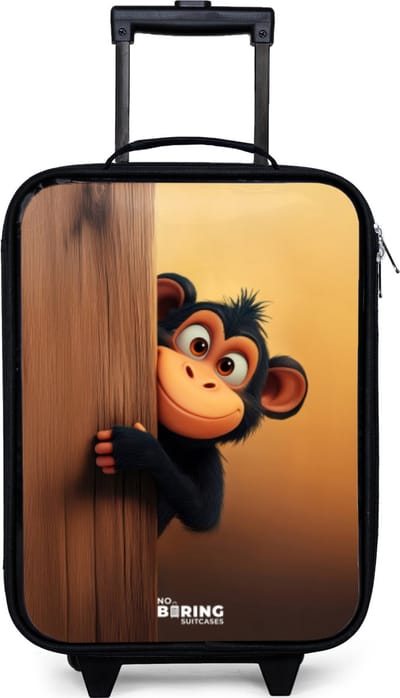 NoBoringSuitcases.com® - Kinderkoffer jongen - Kindertrolley meisje - Een aap achter houten muur - Koffer kind lichtgewicht - Reiskoffer trolley voor kinderen - Koffertje met lichtgevende wieltjes - Rolkoffer zwart