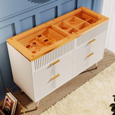 Glazen kastje 120 x 40 x 76 cm - opbergkast met 6 laden - vakverdeling - kantelbeveiliging - hoge kast - wit