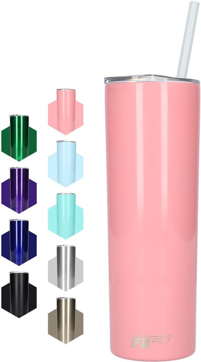 Slanke drinkbeker met rietje - Waterbeker - Thermosbeker - Isoleerkan - Robuust design - Lang formaat - Ideaal voor warm en koud weer - Dubbelwandig - 550 ML - RVS - Roze