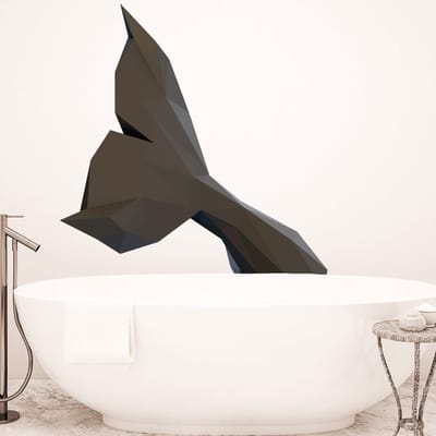 3D origami sticker van een zwarte walvisstaart in profiel, 70 x 65 cm