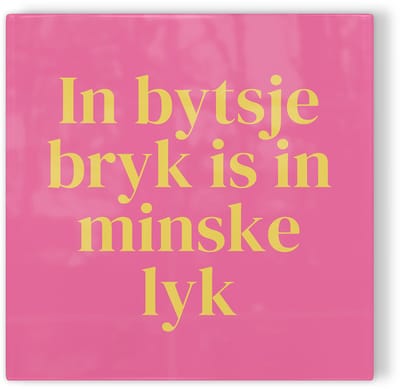 Tegeltje Friesland In bytsje bryk is in minske lyk - roze geel - tegeltje stad - tegeltje met tekst