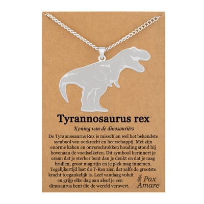 Tyrannosaurus Rex Ketting op Cadeau Kaartje Zilverkleurig - Dinosaurus Hanger - T-rex - Roestvrij Staal / Stainless Steel - 60cm - Pax Amare