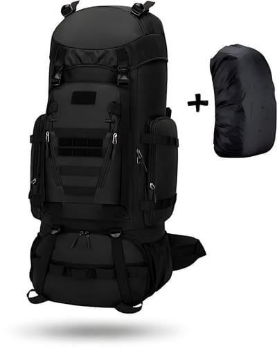 CarryQuest® - Titan 90L Backpack - Waterdichte Tactical Rugzak met MOLLE-Systeem, Regenhoes & Rugventilatie - Zwart