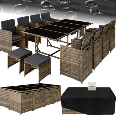 tectake® Wicker Loungeset - Weerbestendige Polyrotan Tuinset voor 12 Personen - 8 Tuinstoelen, 4 Krukken, 1 Tuintafel - Incl. Beschermhoes en 20 Kussens - Voor Tuin, Balkon, Terras - Ruimtebesparend op te bergen - Bruin/Grijs