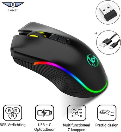 Boscer Draadloze Gaming Muis | RGB Led Verlichting | Bluetooth | 7 Knoppen | Oplaadbaar | DPI Instelbaar | USB-C Oplaadkabel
