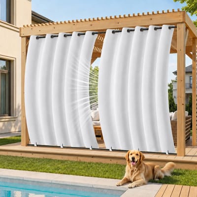 MUPOO Buitengordijn Waterdicht & Windbestendig - Met Onder Fixatie tegen Wind - Verduisterend & UV Werend - Outdoor Gordijnen voor Terras, Veranda & Pergola - 132x244 cm - Wit - 1 Stuk (Rideau Extérieur Imperméable)