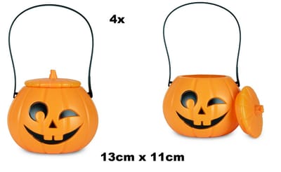 4x Pompoen emmer met deksel en hengsel 13cm x 11cm - Horror halloweenscary creepy thema feest