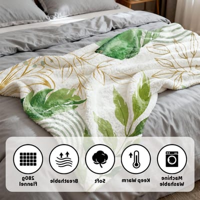 Zachte Flanel Werpdeken met Blad Plantenprint voor Bed en Sofa - Natuurlijke Warmte en Woondecoratie in Groen en Goud, 150 x 130 cm