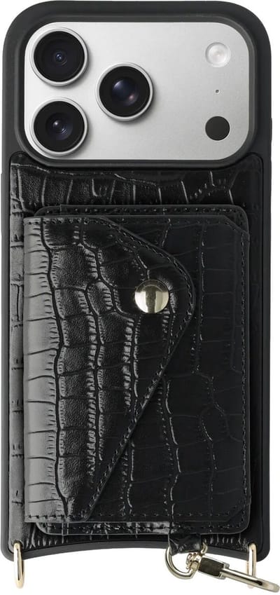 AVY Leren Hoesje Geschikt voor Apple iPhone 17 Pro | Met Magnetische Kaarthouder | Compatibel met MagSafe | Leather Case met Wallet | Croco Zwart