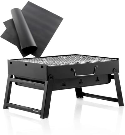 Pack 2 bakmatten voor oven of barbecue en draagbare opvouwbare houtskoolbarbecue InnovaGoods