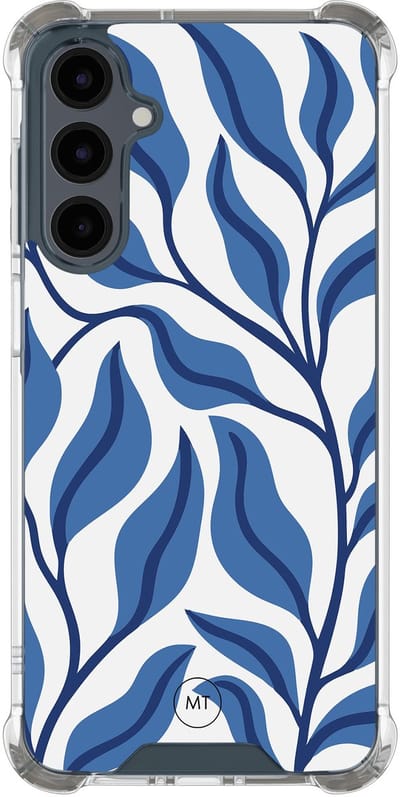 Hoesje (shockproof) geschikt voor Samsung Galaxy A16 - Blue leaves - Extra sterke case - TPU/polycarbonaat - Print - Blauw, Transparant