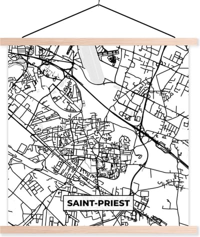 Posterhanger incl. Poster 40x40 cm - Schoolplaat - Stadskaart - Saint-Priest - Plattegrond - Kaart - Frankrijk - Zwart wit - Textielposter - Blanke latten - Stadskaart