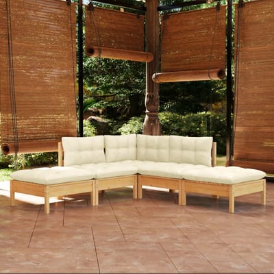 vidaXL - 5-delige - Loungeset - met - crèmekleurige - kussens - grenenhout