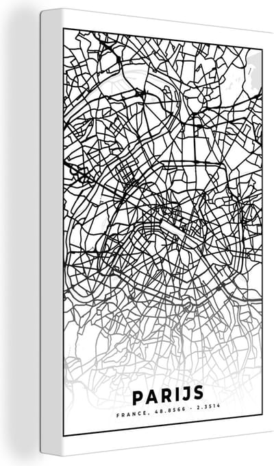 Canvas Schilderij Parijs - Stadskaart - Zwart Wit - Plattegrond - Kaart - 20x30 cm - Wanddecoratie