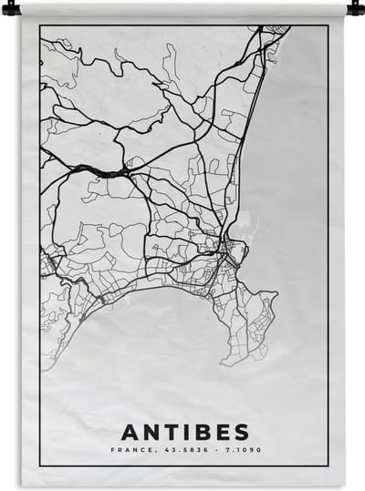 Wandkleed - Wanddoek - Kaart - Plattegrond - Antibes - Frankrijk - Stadskaart - Zwart wit - 120x180 cm - Wandtapijt