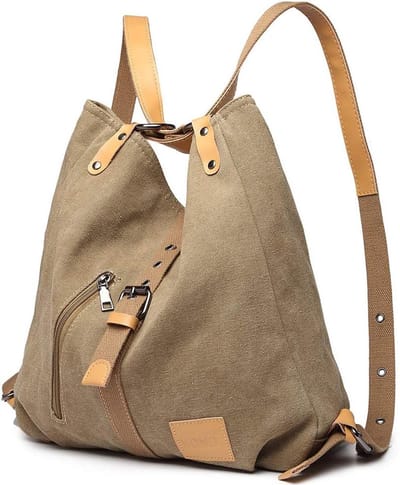 Kono Handtas Dames - Schoudertas - Dames Rugzak - 3 in 1 Canvas Dames Tas - Khaki (E6850 KI)