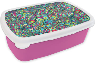 Broodtrommel Roze - Lunchbox Fantasy - Design - Kleuren - Retro - Brooddoos 18x12x6 cm - Brood lunch box - Broodtrommels voor kinderen en volwassenen